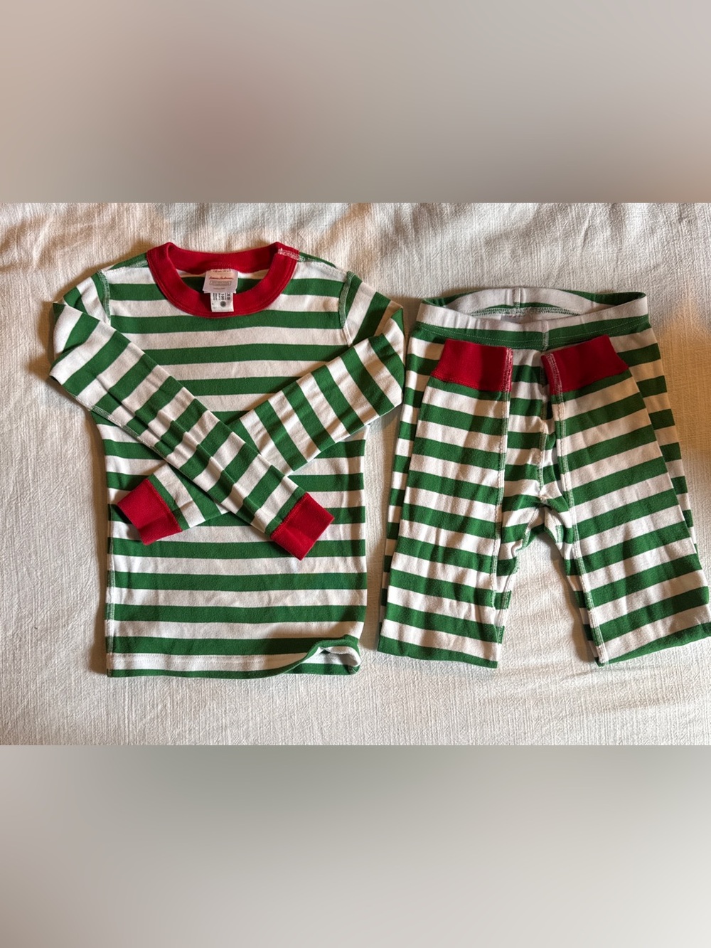 Hanna Andersson Green and White Stripe Pajama Set with Red Trim
